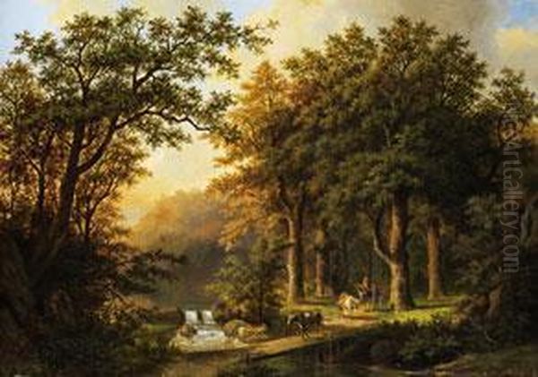 Waldlandschaft Mit Bachlauf, Kleiner Kaskade Und Figurenstaffagemit Tieren - view 1