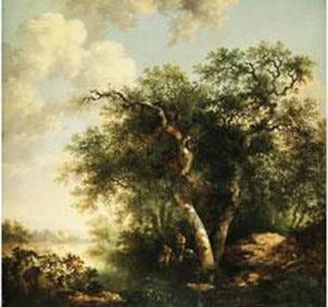 Landschaft Mit Hohen Baumen Am Flussufer Mitfigurenstaffage by Barend Cornelis Koekkoek