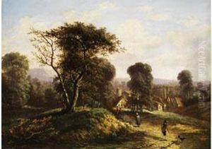 Landschaft Mit Baumgruppen, Hausern Und Figurenstaffage by Barend Cornelis Koekkoek