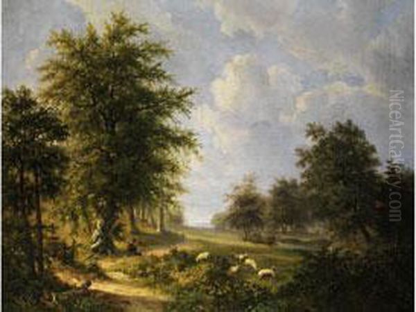 Baumlandschaft Mit Schafen Und Einem Hirten - view 1