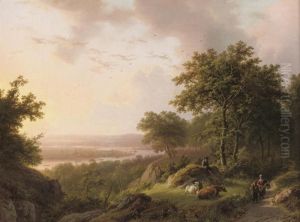 Sunset Over A Rhenish Landscape With Travellers On A Woodedpath by Barend Cornelis Koekkoek