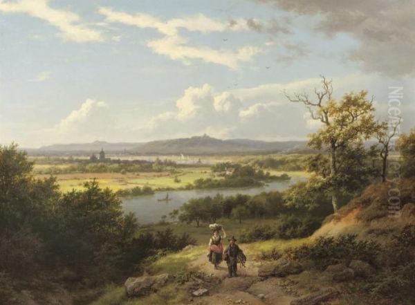 A Panoramic River Landscape With Villagers On A Hilltop - view 1
