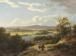 A Panoramic River Landscape With Villagers On A Hilltop by Barend Cornelis Koekkoek
