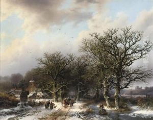 Villagers On A Wooded Track Near A Snow-covered Village by Barend Cornelis Koekkoek