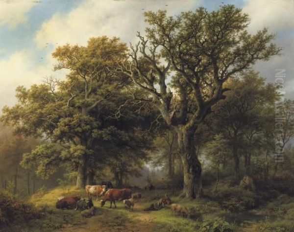 Een Boomrijk Landschap Met
Koeiyen, En Schapen Bij Middagstond: Aherdsman And His Cattle Resting
Under An Oak Tree, A Ruin In Thedistance - view 1