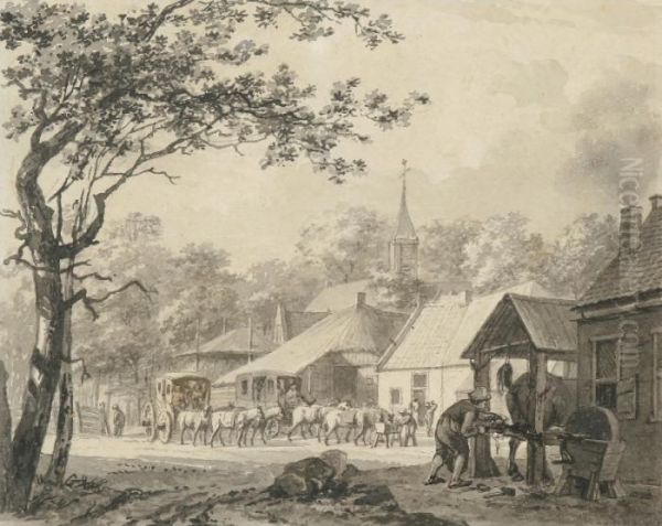 Coaches At Astage, At The Right An Old Forge With A Horse Being Shod - view 1