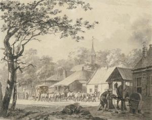 Coaches At Astage, At The Right An Old Forge With A Horse Being Shod Coaches At Astage, At The Right An Old Forge With A Horse Being Shod
