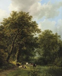 A Herdsman And His Cattle By A Forest Stream by Barend Cornelis Koekkoek