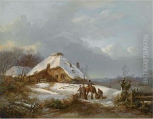 Figures Near A Farmstead On A Wintry Day by Barend Cornelis Koekkoek