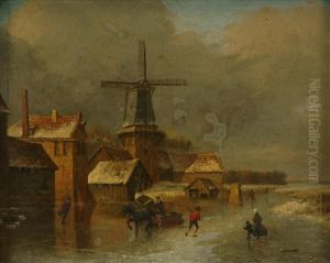 Winterlandscape, With Figures On A Frozen River By A Windmil