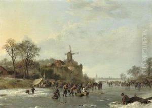 An Extensive Winter Landscape 
With Numerous Figures By A 'koek En Zopie', An Iceskating Race In The 
Distance by Barend Cornelis Koekkoek