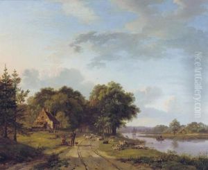 Shepherds With Their Flock Along A Calm Sunlit River Shepherds With Their Flock Along A Calm Sunlit River