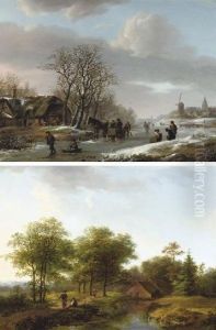 Activities On A Frozen Waterway In Winter; And Figures On A Winding Path In Summer by Barend Cornelis Koekkoek