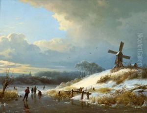 Figures On The Ice With A Mill In The Background by Barend Cornelis Koekkoek
