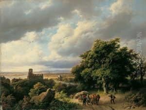 Flusslandschaft Mit Kirchenruine Und Pferdewagen. Signiert Auf Dem Felsen: by Barend Cornelis Koekkoek