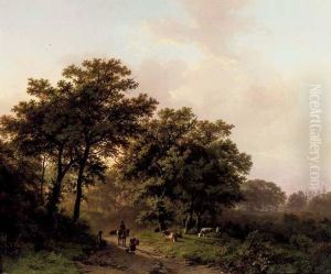 Travellers On A Wooded Path At Sunrise by Barend Cornelis Koekkoek