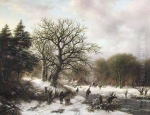 A Winter Landscape With Wood Gatherers And Skaters by Barend Cornelis Koekkoek
