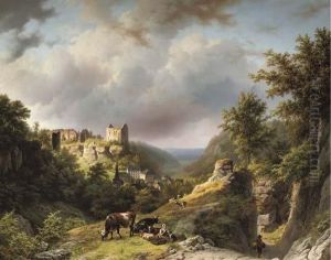 Figures On A Mountain Pass With
The Village And The Chateau Of Larochette In The Distance, Luxembourg by Barend Cornelis Koekkoek