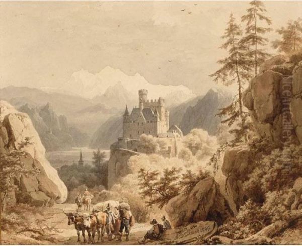 Travellers Resting In A Mountainous Landscape, A Castle In The Background - view 1