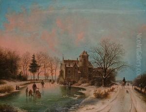 Skating On The Frozen Lake; A Winter's Evening. by Barend Cornelis Koekkoek
