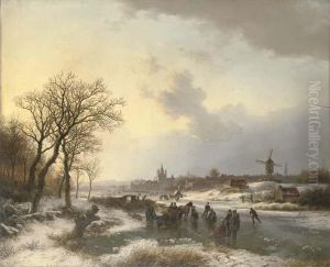 Late Afternoon With Numerous Skaters By A Town by Barend Cornelis Koekkoek