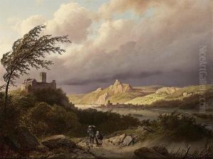 Travellers On A Path In A Rhine Landscape by Barend Cornelis Koekkoek