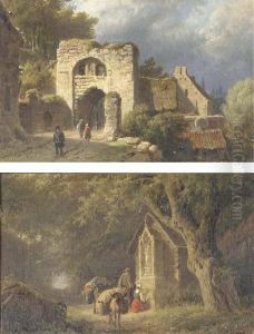 At The Old Town Gate; And Travellers By A Chapel In A Forest by Barend Cornelis Koekkoek