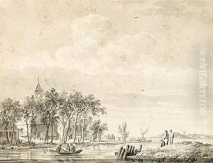 Landscape With Figures In A Boat by Barend Cornelis Koekkoek