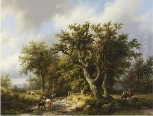 Figures With Cattle By A Forest Stream by Barend Cornelis Koekkoek