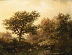 A Hilly Landscape In The Late Afternoon With A Cowherd Near A Stream