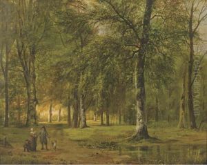 A View Of A Park With Figures by Barend Cornelis Koekkoek