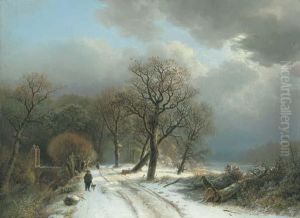 A Figure Walking A Dog On A Path In A Winter Landscape by Barend Cornelis Koekkoek