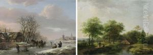 Winter Fun On A Frozen River; Travellers Resting By A Stream by Barend Cornelis Koekkoek