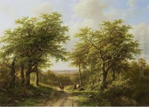 Travellers On A Country Road In A Wooded River Landscape by Barend Cornelis Koekkoek