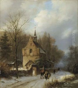 Een Boomrijk Landschap Met Een Kapel Bij Winter by Barend Cornelis Koekkoek