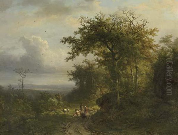 Peasants On A Wooded Path, A
Valley Beyond; And Peasants Entering Achapel In A Wooded Valley - view 1