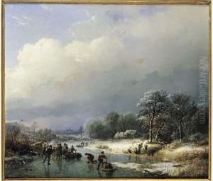 Patineurs Sur Une Riviere Gelee Dans La Campagne Hollandaise by Barend Cornelis Koekkoek