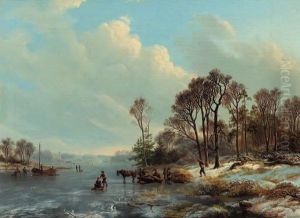 A Frozen Waterway With Figures And Foresters