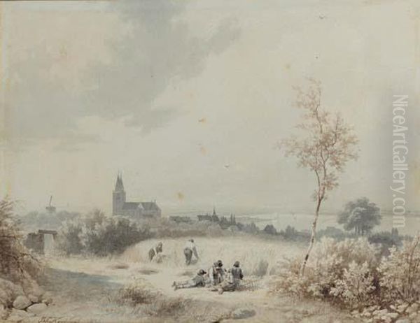 A View Of Cleves With Farmers Reaping Corn In The Foreground - view 1