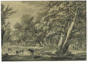 A Wood With A Herdsman, His
Cattle Drinking In A Pond, Travellersresting Next To A Barn Nearby by Barend Cornelis Koekkoek