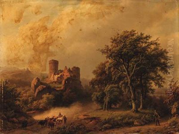 Figures And Cattle On A Path In Wooded Landscape With A Castlebeyond - view 1
