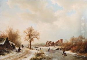 Winterlandschap: A Winter
Landscape With Skaters On A Frozenwaterway And Peasants By A Farm In The
Foreground by Barend Cornelis Koekkoek
