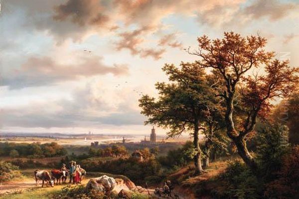 A Panoramic Rhenish Landscape With Peasants Conversing On A Trackin The Morning Sun - view 1