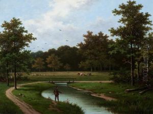 Angler By A Stream Near A Forest