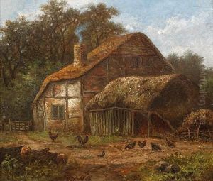 Thatched Barn With Chickens To Theforeground by Hendrik Pieter Koekkoek