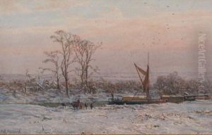 Winterlandschap Met Aangemeerde Boten Op Rivier