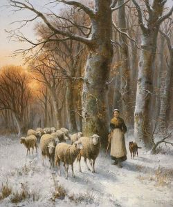 A Shepherdess With Her Flock And A Dog