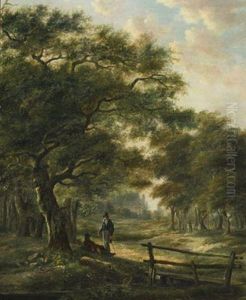 Elegant Travellers Resting In A Wooded Landscape by Hendrik Pieter Koekkoek
