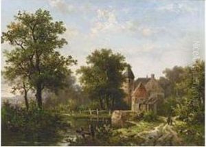 A Castle In A Wooded Landscape by Hendrik Pieter Koekkoek