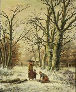 Women Gathering Wood In A Winter Landscape by Hendrik Pieter Koekkoek